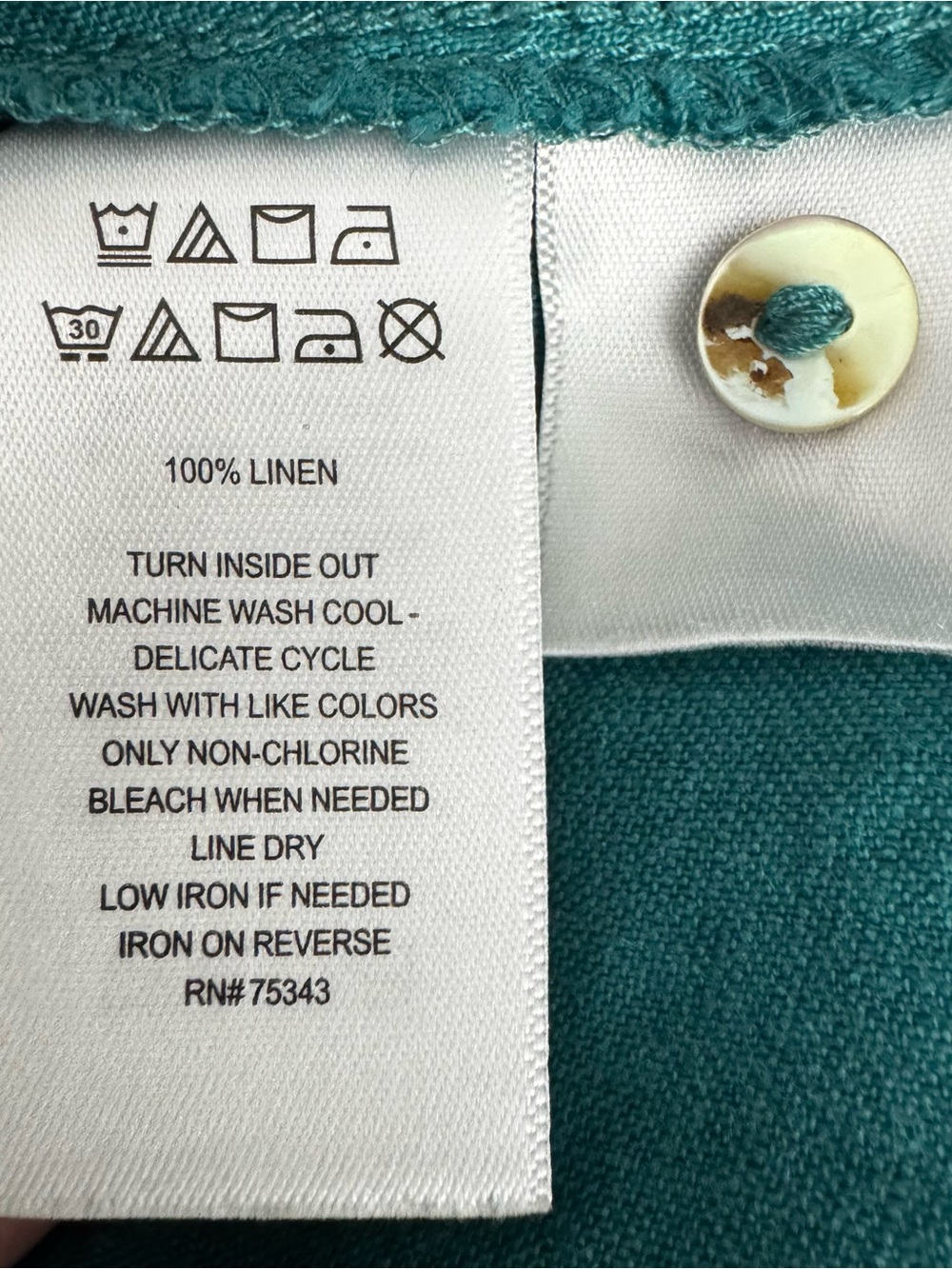 Sigrid Olsen 100% Linen Roll-Tab Sleeve Button-Down Tunic Shirt Teal Green L - Picture 6 of 7